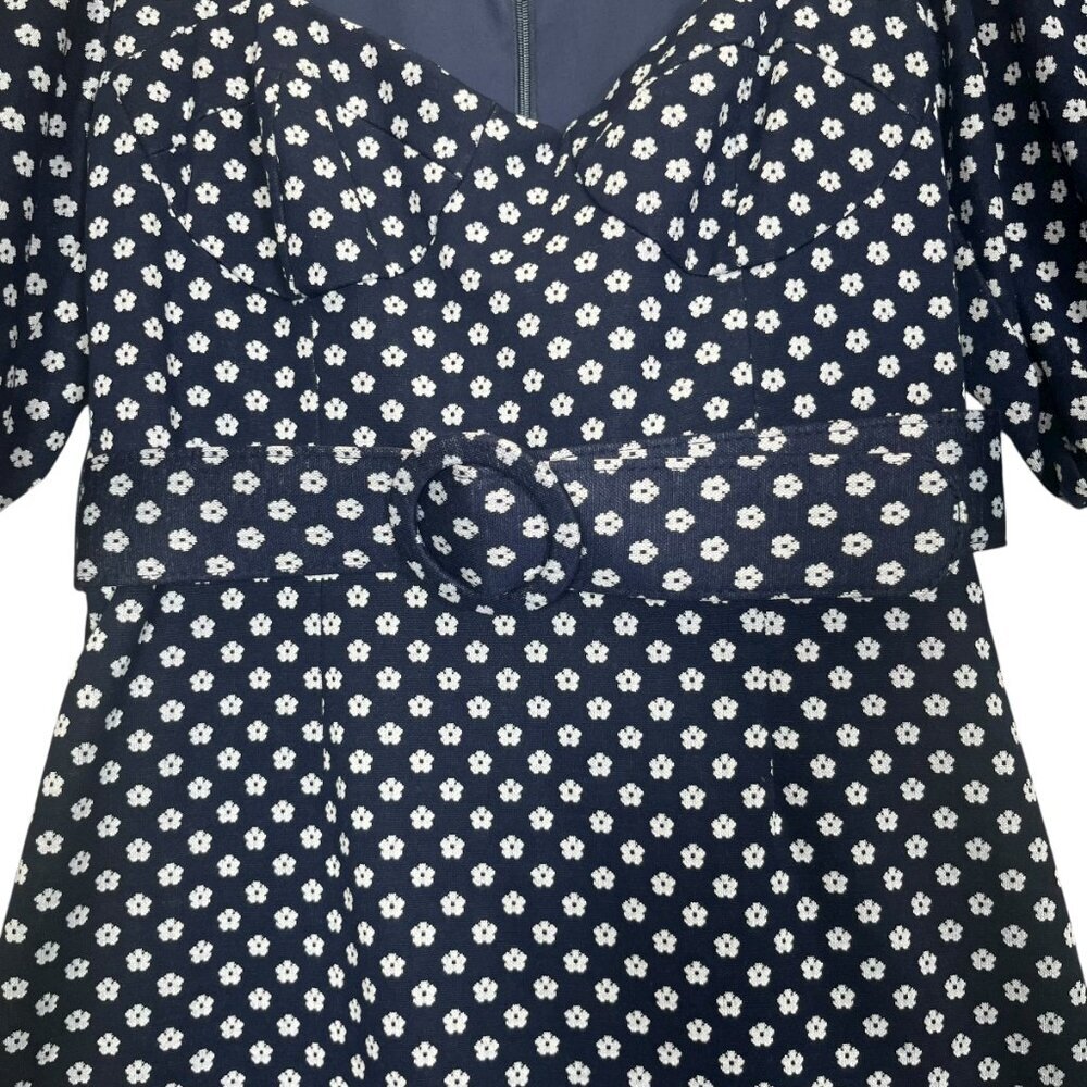 ANTHROPOLOGIE HUTCH Dress Women's 6 Floral Navy Polka Dot Puff Sleeve Belt Mini - Picture 8 of 10